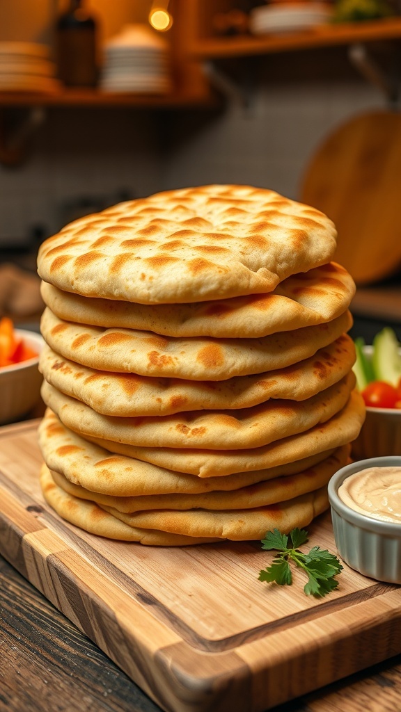 Homemade Pita Bread with Yeast Freshly baked pita bread stacked on a cutting board with hummus and vegetables.